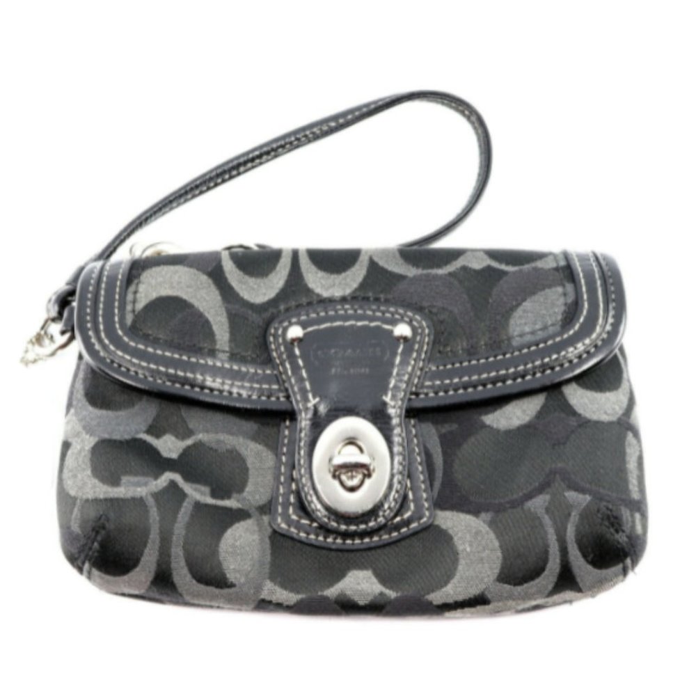 Coach Legacy Optic "C” Flap Wristlet – Black & Gray Canvas – Silver Hardware